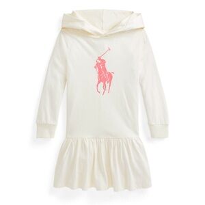 New POLO Ralph Lauren Girls Big pony cotton jersey hooded dress pink white